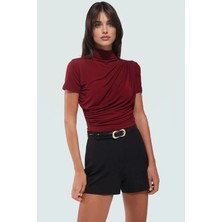 Polyester Elastan Örme Bluz Dik Yaka Fitted Kısa Kollu Yazlık Yüksek Kalite Rahat Kullanım