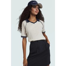 Kısa Kollu Örme Bluz Polo Yaka Renk Bloklu Desen 74% Polyester 26% Pamuk Premium Kalite