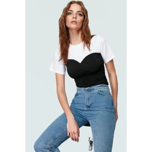Renk Bloklu Bisiklet Yaka Kısa Kollu Fitted Pamuk Bluz Sandy Dokuma Casual Özenle Seçilmiş