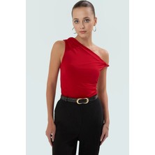 Rahat ve Şık Asimetrik Yaka Örme Bluz Polyester Elastan Karışımı Modern Stil Dayanıklı Malzeme