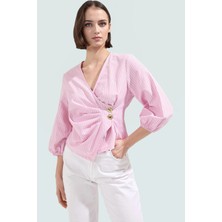 V Yaka Bluz Terrycotton Kumaş Fitted Kalıp Çizgili Günlük Kaliteli Işçilik Şık Görünüm