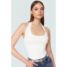 Aksesuar Detaylı Örme Crop Bluz %96 Viskoz %4 Elastan Yazlık Günlük Özenle Seçilmiş