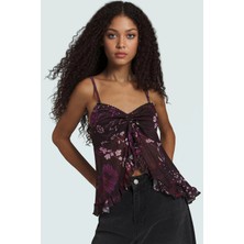 Regular Fitted Bluz Çiçek Desenli Tül Kumaş Kalp Yaka Yazlık Seçkin Malzeme