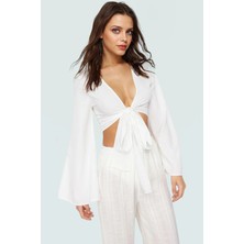 Asimetrik V Yaka Yazlık Plaj Bluz Rahat Kalıp Dokuma Kumaş Kaliteli Işçilik ve Şık