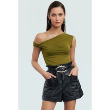 Fitted Kalıp Kolsuz Örme Bluz Asimetrik Yaka Tasarım Konforlu Kesim Dayanıklı Malzeme