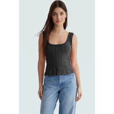 Fitted Havuz Yaka Crop Bluz 100 Pamuk Kaşkorse Örme Günlük Stil Dayanıklı Malzeme Premium Kalite