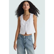 Fitted Kalıp Bluz Terrycotton Kumaş Kalp Yaka Askılı Yazlık Premium Kalite Şık Görünüm