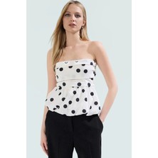 Kolsuz Terrycotton Bluz Puantiyeli Desen Fitted Kalıp Yazlık Konforlu Kesim