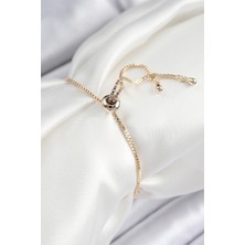 Pirinç Zirkon Taşlı Sıralı Ok Model Gold Renk Asansörlü Kadın Bileklik - Bamido