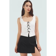Yazlık Casual Örme Bluz Havuz Yaka Fitted Kalıp Kurdele Detay Premium Kalite Mükemmel Uyum