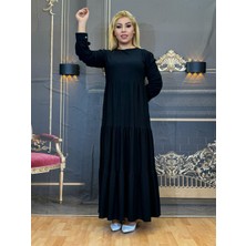 Tesettürlü Kadın Elbise,viskon Esnek,pileli Elbise,günlük,yazlık,siyah,düğmeli Kollar