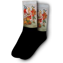 Retro Çizim Noel Kız Noel   Dijital Baskılı Yılbaşı Çorabı - Unisex