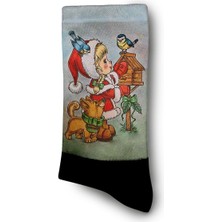 Retro Çizim Noel Kız Noel   Dijital Baskılı Yılbaşı Çorabı - Unisex