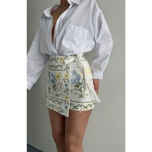 Fashion Cocktail Kırçiçeği Kadın Yazlık Keten Bohem Mini Şortlu Etek Cepsiz Çiçek Deseni ile Rahat Kesim