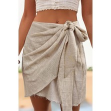 Anvelop Kesim Bağlamalı Fiyonklu Salaş Lifli Natürel Keten Yazlık Bohem Boho Sahil Tatil Etek