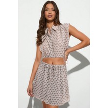 Modern Etnik Desenli Yüksek Bel Mini Etek ve Bağlamalı Bluz Yazlık Ikili Takım