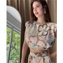 Büyük Pastel Çiçekli Vatkalı 80LER Lastikli Pantolon Crop Keten Yazlık Ikili Takım