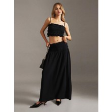 Beach Kabartma Dokulu Kumaş Ince Askılı Lastikli Sahil Düşük Omuz Ispanyol Uzun Etek Takım