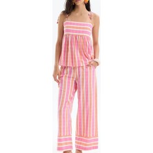 Lolipop Pastel Çizgili Beli Bol Salaş Askılı Rengarenk Yazlık Tatil Pantolon Bluz Takım