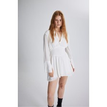 Gömlek Stil Düğmeli Yakalı Belden Oturtmalı Transparan Üst Kloş A Formlu Skater Şifon Gece Elbisesi