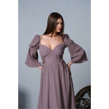 Çift Bel Korseli Düşük Omuz Yarım Kollu Bohem Maxi Bilekte Uzun Tatil Elbisesi