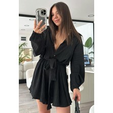 Uzun Kol Casual Kabartma Kumaş Yakalı Düğmeli Boyfriend Gömlek Stil Şortlu Tulum