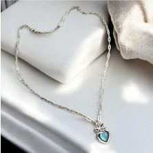 Stainles Steel Zirkon Taşlı Mavi Renkli Kalp Detaylı Çelik Kolye