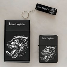 Canavar Desenli Kişiye Özel Isimli Çakmak,metal Tabaka ve Anahtarlık Seti - 3'lü Hediye Set