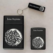 Canavar Desenli Kişiye Özel Isimli Çakmak,metal Tabaka ve Anahtarlık Seti - 3'lü Hediye Set SMP21