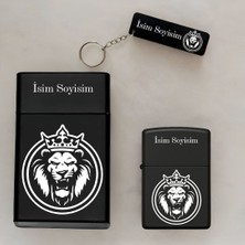 Aslan Desenli Kişiye Özel Isimli Çakmak,metal Tabaka ve Anahtarlık Seti - 3'lü Hediye Set