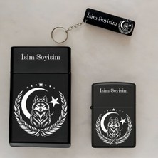 Kurt Ayyıldız Desenli Isimli Çakmak,metal Tabaka ve Anahtarlık Hediye Seti SMP39