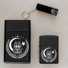 Kurt Ayyıldız Desenli Isimli Çakmak,metal Tabaka ve Anahtarlık Hediye Seti SMP39