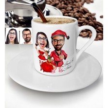 Kişiye Özel Renkli Yılbaşı Temalı Sevgili Karikatürlü Türk Kahvesi Fincanı