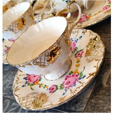 El Boyama Porselen Nilüfer Çay Fincanı, Beyaz, Renkli, Şık ve Zarif Tasarım