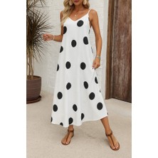 Tua Moda Kadın Ip Askılı Geniş V Yakalı Desenli Süprem Elbise