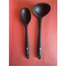 2'li Ultra Sert Uçlu Silikon Kaşık Seti; Kepçe ve Servis Kaşığı, Siyah