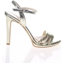 Kadın Moda Şık Gold Ayna Çift Örgülü Tek Bant Topuklu Düğün Nişan Gece Abiye Ayakkabı