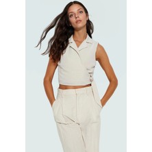 Keten Görünümlü Crop Bluz Ceket Yaka Kalın Askılı Yazlık Rahat Kullanım