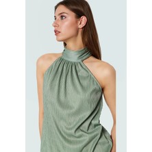 Pilise Örme Bluz Halter Yaka Regular Kalıp Yazlık Iş Elbisesi Uzun Ömürlü Konforlu Kesim