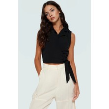 Keten Görünümlü Crop Bluz Ceket Yaka Kalın Askılı Yazlık Rahat Kullanım