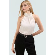 Pilise Örme Bluz Halter Yaka Regular Kalıp Yazlık Iş Elbisesi Uzun Ömürlü Konforlu Kesim