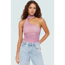 Asimetrik Yaka Kolsuz Fitted Örme Bluz Esnek Polyester Günlük Stil Kaliteli Işçilik Mükemmel Uyum