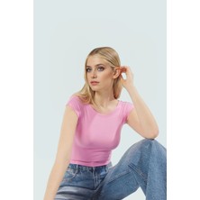 Bisiklet Yaka Fitted Crop Örme Bluz Viskon Ribana Yazlık Profesyonel Görünüm Özel Tasarım