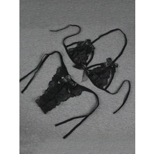 Luxeria Underwear Siyah Kurdele Detaylı Bağlamalı Dantel Transparan 2 Parça Özel Tasarım Şık Takım