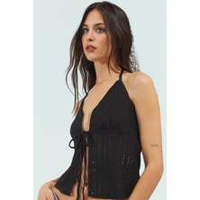 Fitted Örme Bluz Kolsuz Jakarlı Boyundan Bağlamalı Yazlık Konforlu Kesim Profesyonel Görünüm