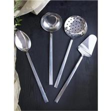 Paslanmaz Çelik 4 Parça Servis ve Mutfak Seti, Kepçe, Spatula, Kevgir, Büyük Kaşık