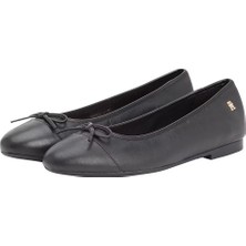 Kadın Toe Cap Leather Ballerina Shoes - Siyah