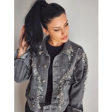 İnci Türkay Kadın Tasarım Denim Ceket Taş Ve Boncuk İşleme Detaylı Oversize Kalıp Gri Kot Ceket
