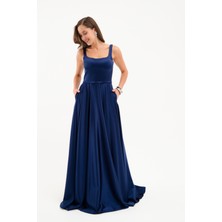 Kadın Lacivert Askılı Ip Bağlama Detay Uzun Saten Abiye Elbise