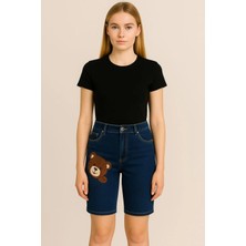 Jeans Ayıcık Desenli Likralı Kot Şort